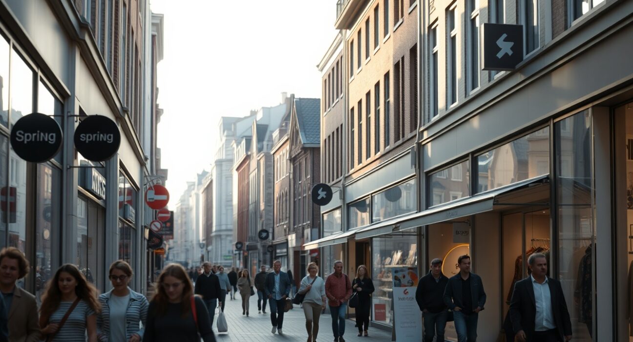 Dutch shopping street with moderate foot traffic on a sunny afternoon