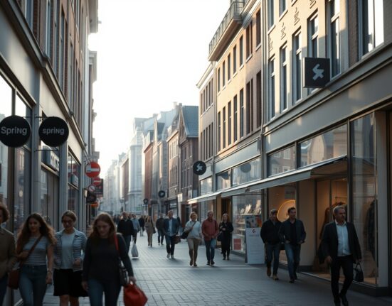 Dutch shopping street with moderate foot traffic on a sunny afternoon