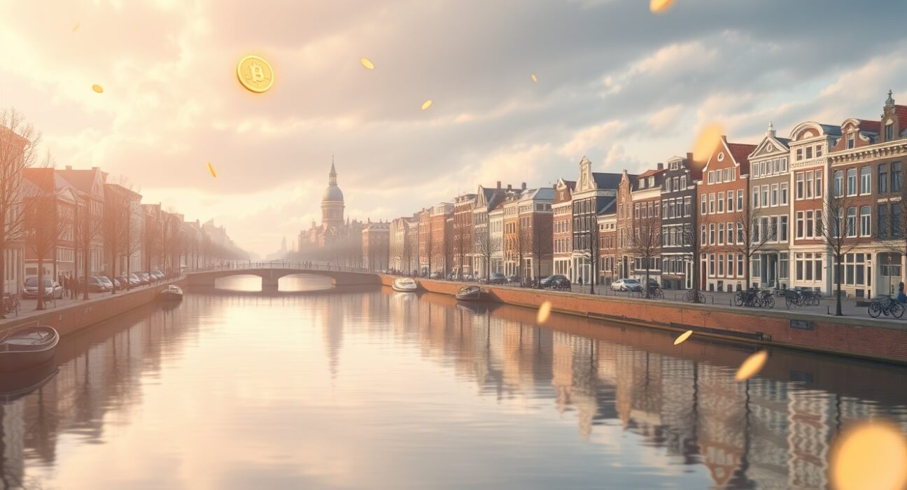 Conceptual illustration of the Netherlands' proposed tax on unrealized cryptocurrency and stock gains.