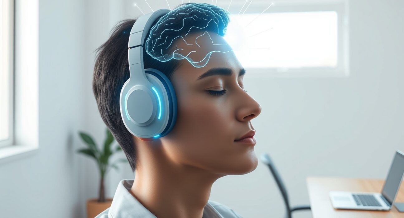 Neurable brain-computer interface technology visualized as a holographic brain scan above a person wearing EEG headphones