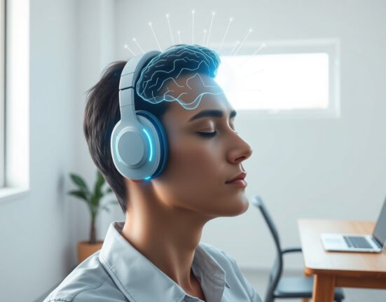 Neurable brain-computer interface technology visualized as a holographic brain scan above a person wearing EEG headphones
