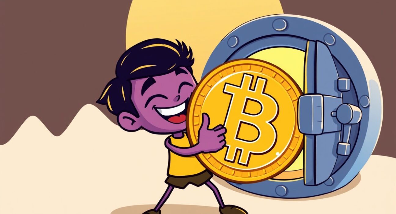A cartoon character protectively holding a Bitcoin, illustrating the powerful mandate to never sell Bitcoin.