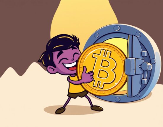 A cartoon character protectively holding a Bitcoin, illustrating the powerful mandate to never sell Bitcoin.