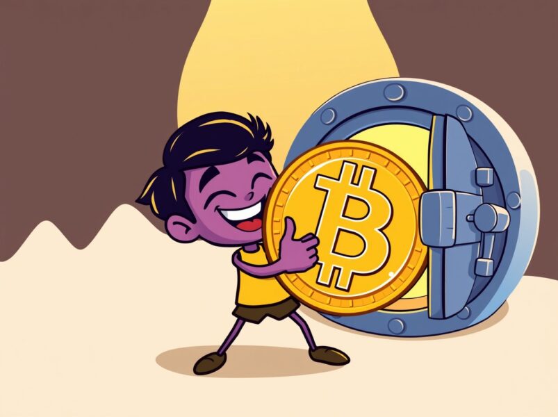 A cartoon character protectively holding a Bitcoin, illustrating the powerful mandate to never sell Bitcoin.