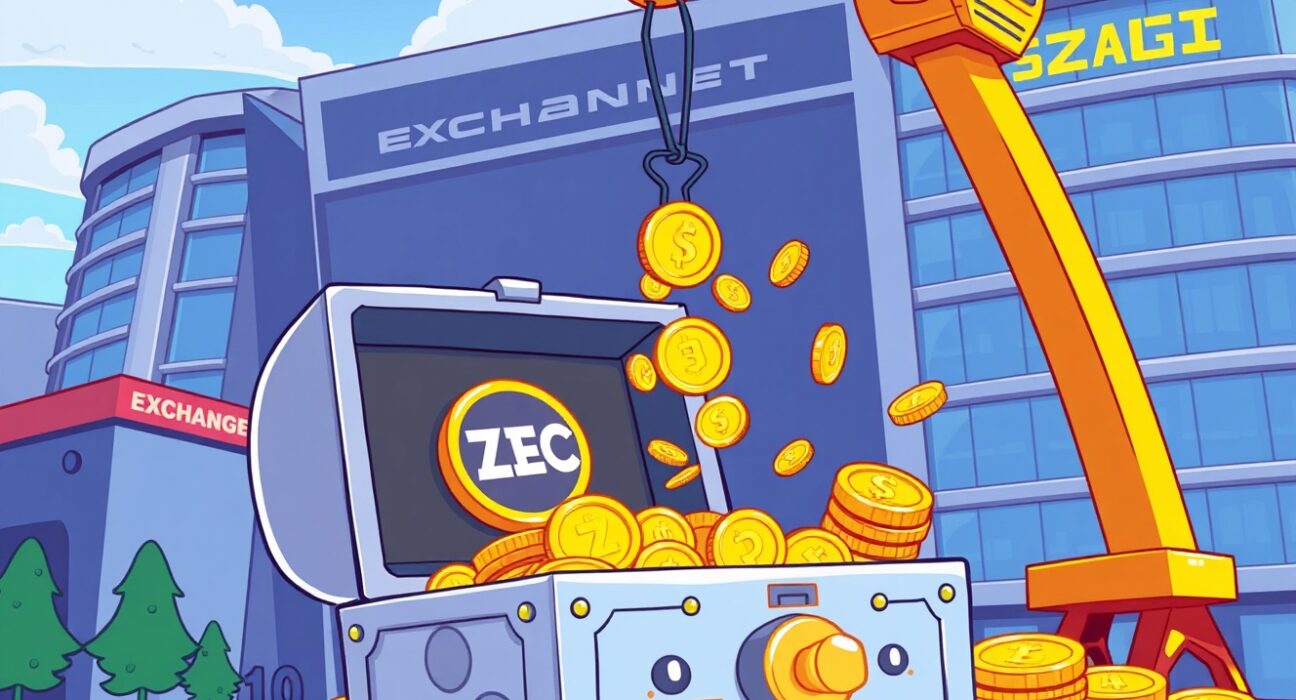 A cartoon vault accumulates a massive ZEC accumulation of digital coins from a crypto exchange.