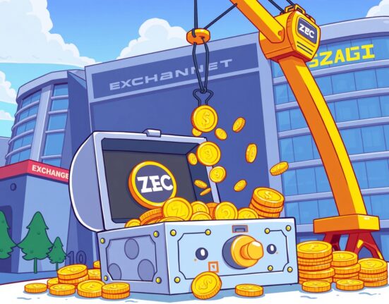 A cartoon vault accumulates a massive ZEC accumulation of digital coins from a crypto exchange.