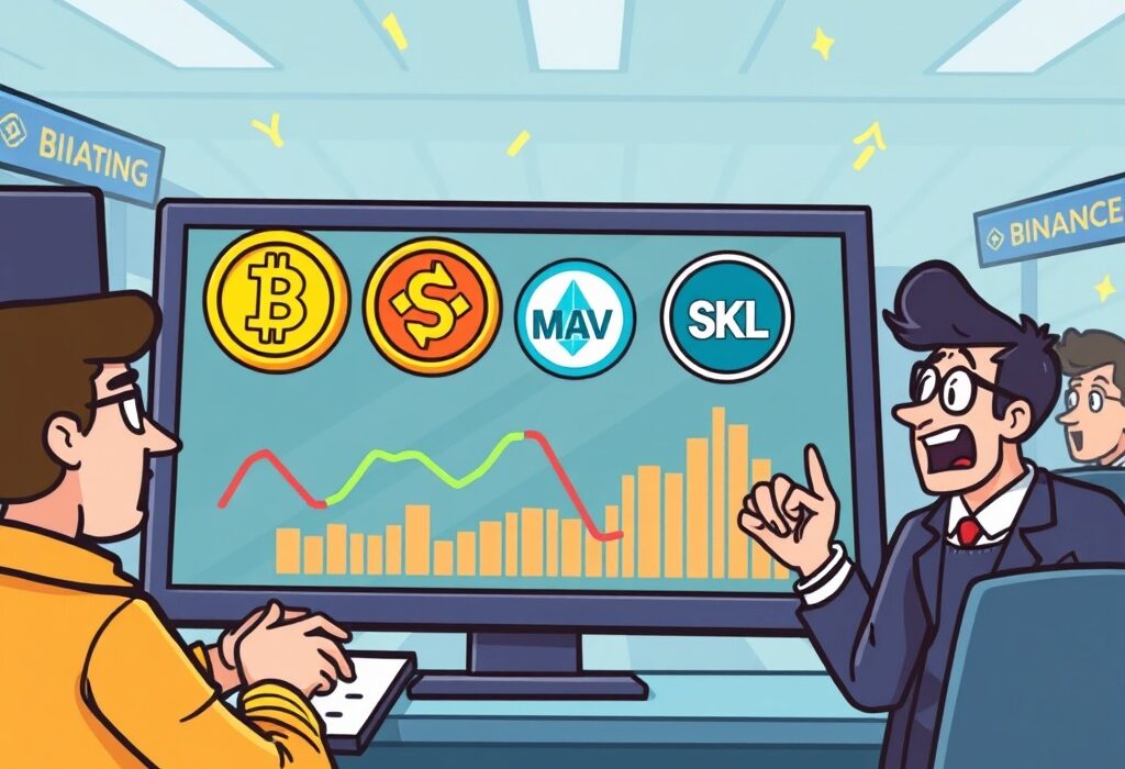 A cartoon illustration showing new Binance listings for CYBER, MAV, and SKL spot pairs on a trading screen, exciting traders.
