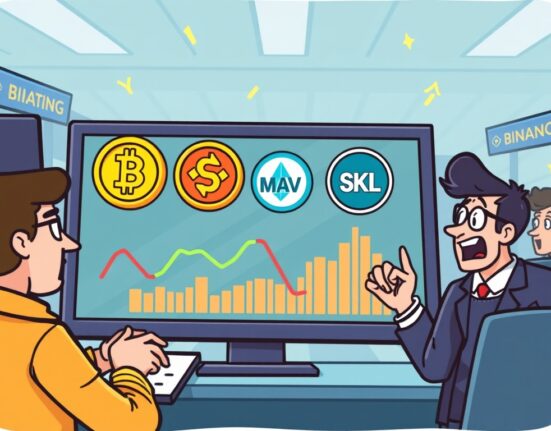 A cartoon illustration showing new Binance listings for CYBER, MAV, and SKL spot pairs on a trading screen, exciting traders.
