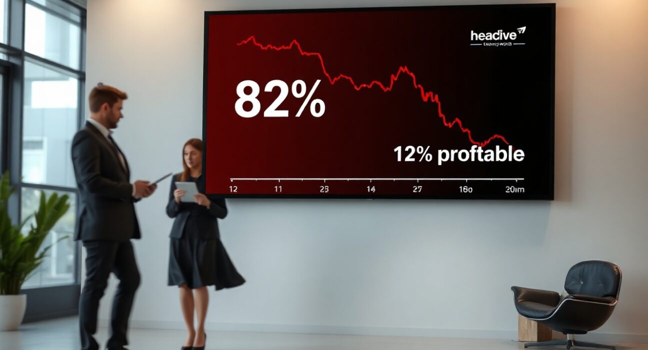 Financial display showing declining crypto listing performance with -82% median return