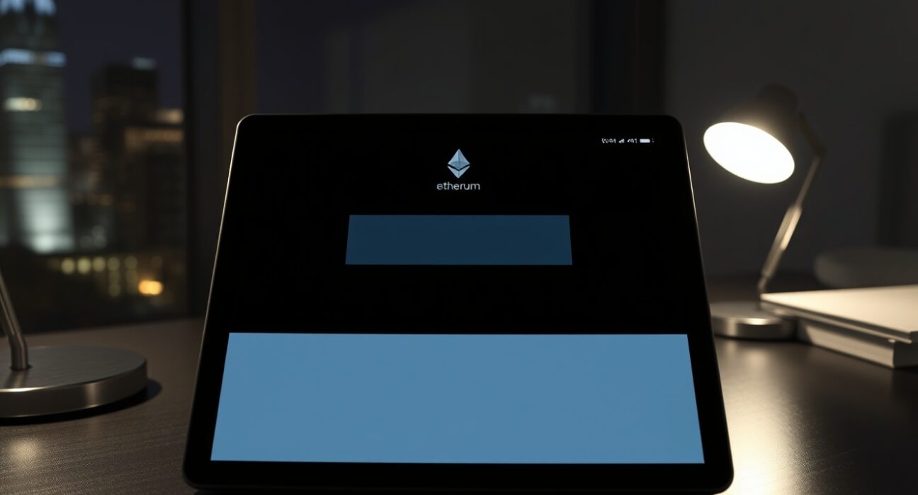 A tablet displaying an Ethereum transaction confirmation on a desk in a dimly lit office.