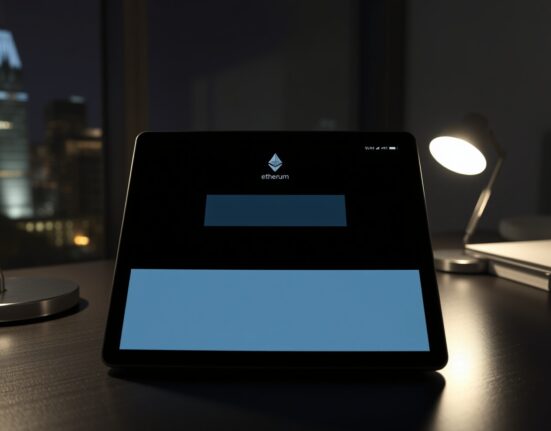 A tablet displaying an Ethereum transaction confirmation on a desk in a dimly lit office.