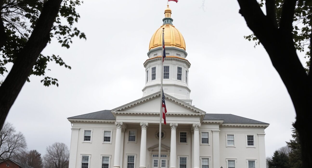 New Hampshire State House in Concord under overcast sky