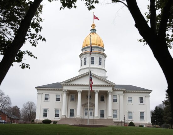 New Hampshire State House in Concord under overcast sky