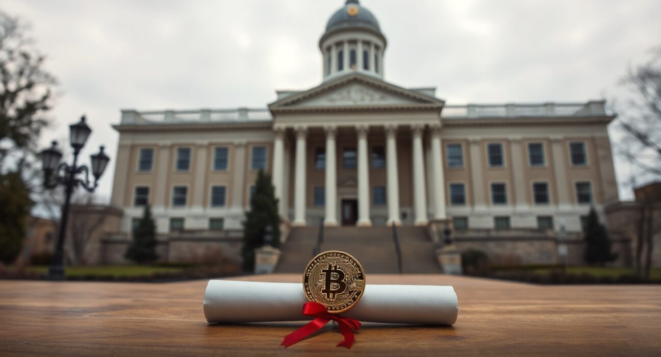 New Hampshire State House with a Bitcoin coin and bond document on a desk in the foreground