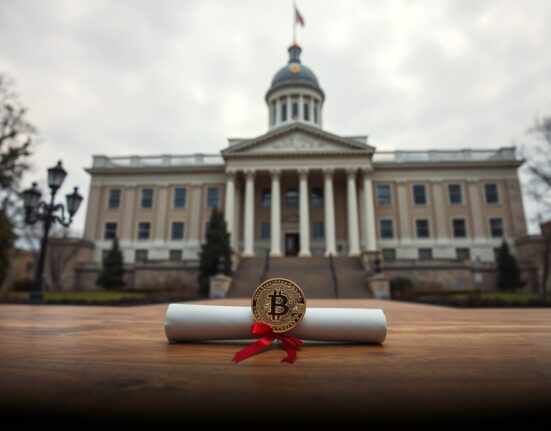 New Hampshire State House with a Bitcoin coin and bond document on a desk in the foreground