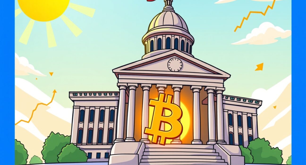 Illustration of a Bitcoin-backed municipal bond supporting New Hampshire's capitol building growth