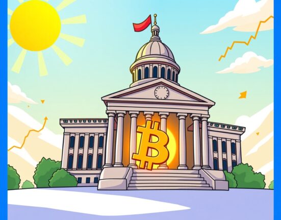 Illustration of a Bitcoin-backed municipal bond supporting New Hampshire's capitol building growth