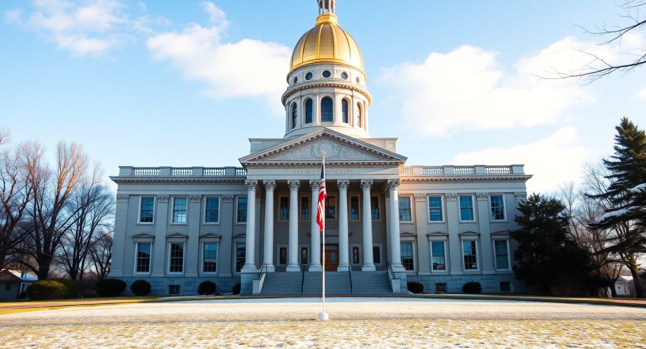 New Hampshire State House in Concord with gold dome under clear winter sky
