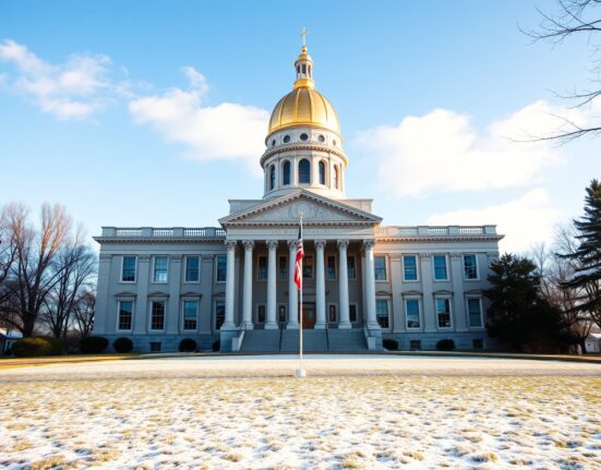 New Hampshire State House in Concord with gold dome under clear winter sky