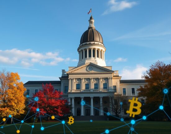 New Hampshire State House in Concord with digital blockchain node overlay representing new crypto law