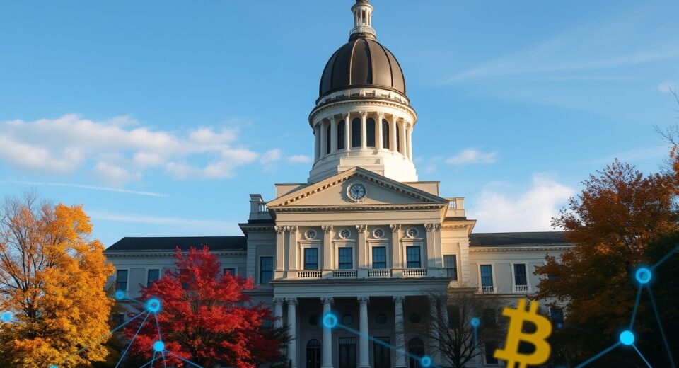 New Hampshire State House in Concord with digital blockchain node overlay representing new crypto law