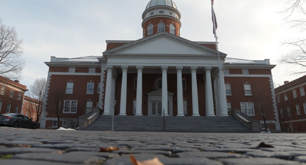 Exterior of the New Hampshire State House in Concord on a cloudy day.