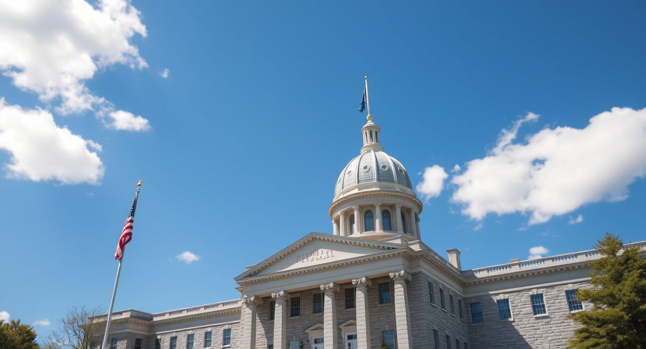 Exterior view of the New Hampshire State House in Concord on a sunny day.