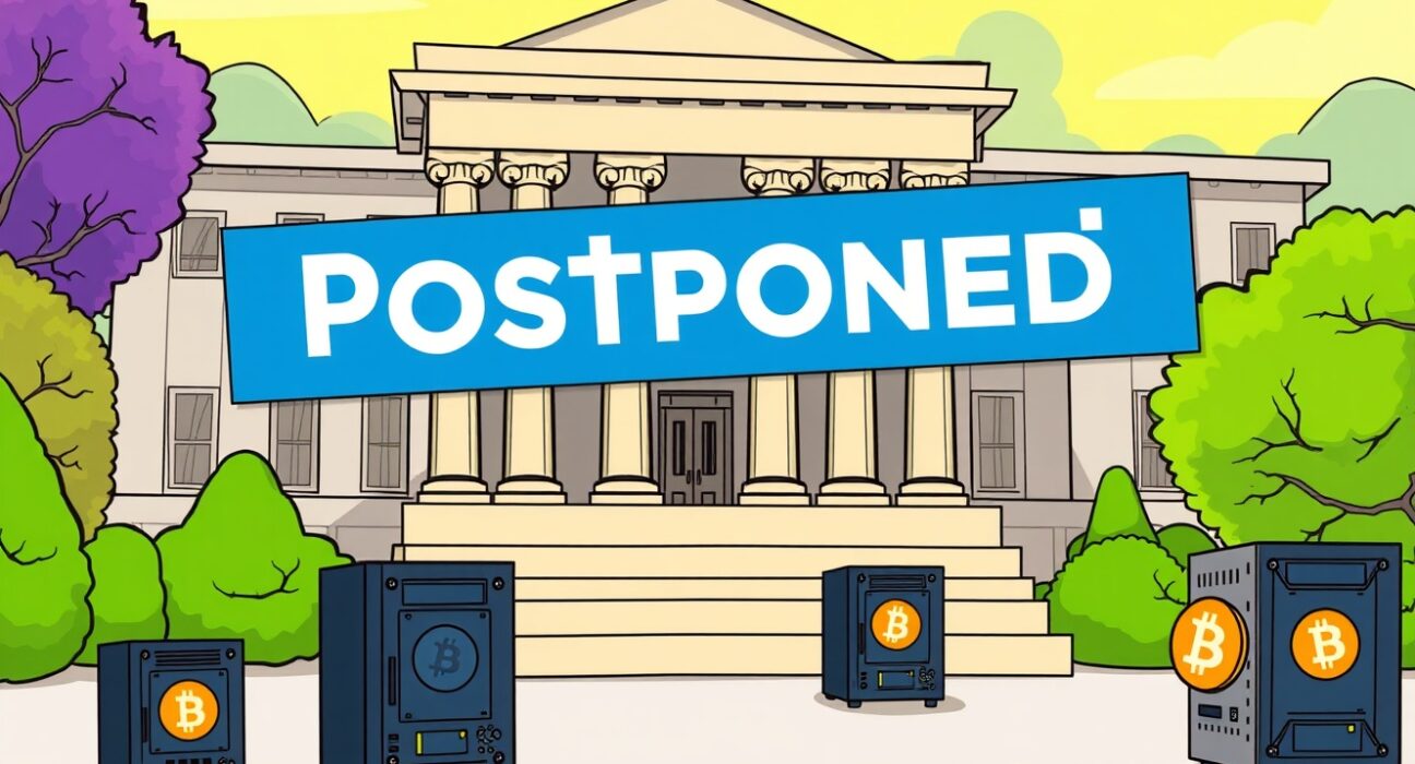 A cartoon illustration showing a legislative building with a 'postponed' sign, representing the delay of the New Hampshire crypto mining bill.