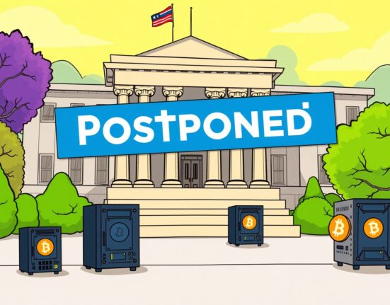 A cartoon illustration showing a legislative building with a 'postponed' sign, representing the delay of the New Hampshire crypto mining bill.