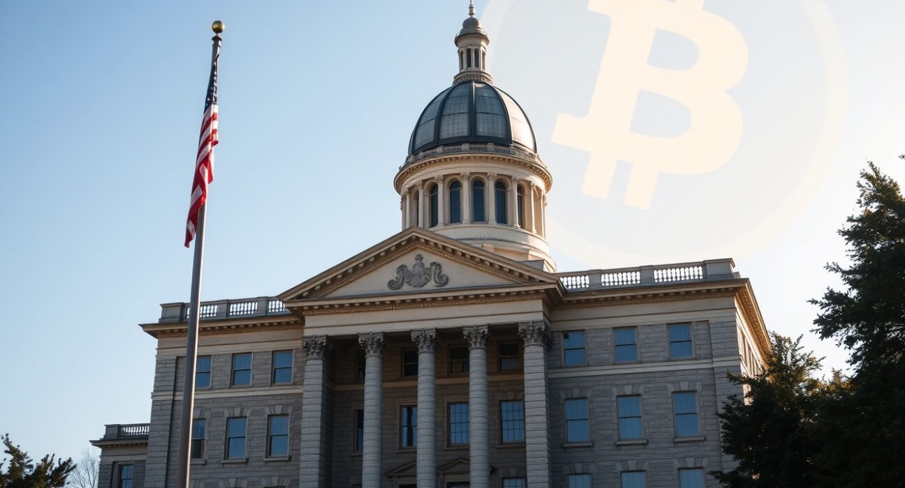 New Hampshire State House in Concord under clear skies with subtle digital currency imagery