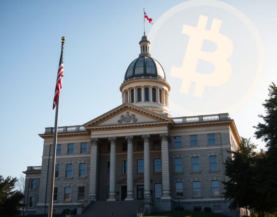 New Hampshire State House in Concord under clear skies with subtle digital currency imagery