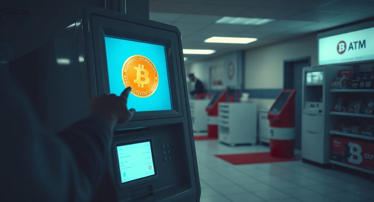 A person using a cryptocurrency ATM with a Bitcoin logo on the screen in a dimly lit indoor setting.