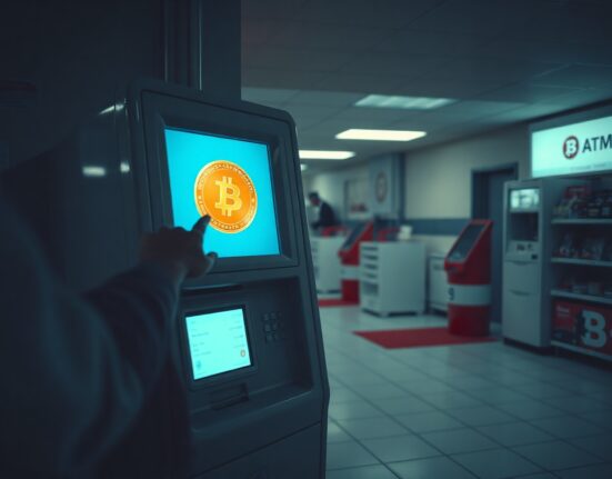 A person using a cryptocurrency ATM with a Bitcoin logo on the screen in a dimly lit indoor setting.
