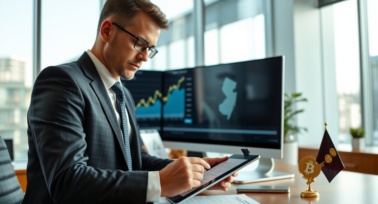 Financial analyst reviewing documents in a modern New Jersey office with Bitcoin chart on monitor