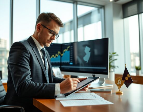 Financial analyst reviewing documents in a modern New Jersey office with Bitcoin chart on monitor