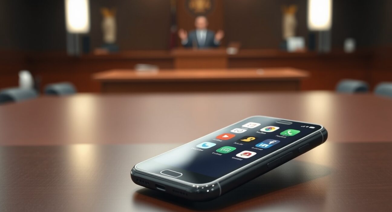 Smartphone with social media apps in a dimly lit room, symbolizing child safety concerns