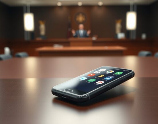 Smartphone with social media apps in a dimly lit room, symbolizing child safety concerns