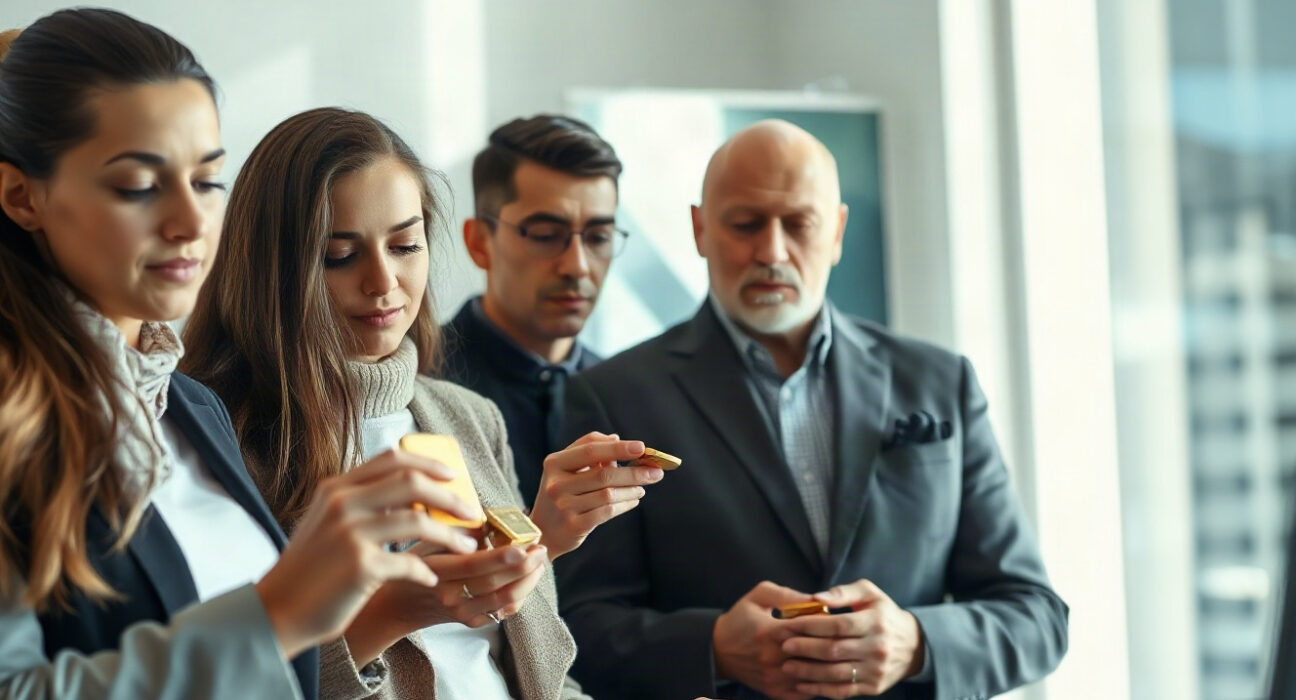 Diverse investors examining gold bars and silver coins at a financial office