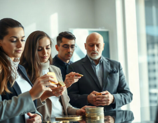 Diverse investors examining gold bars and silver coins at a financial office