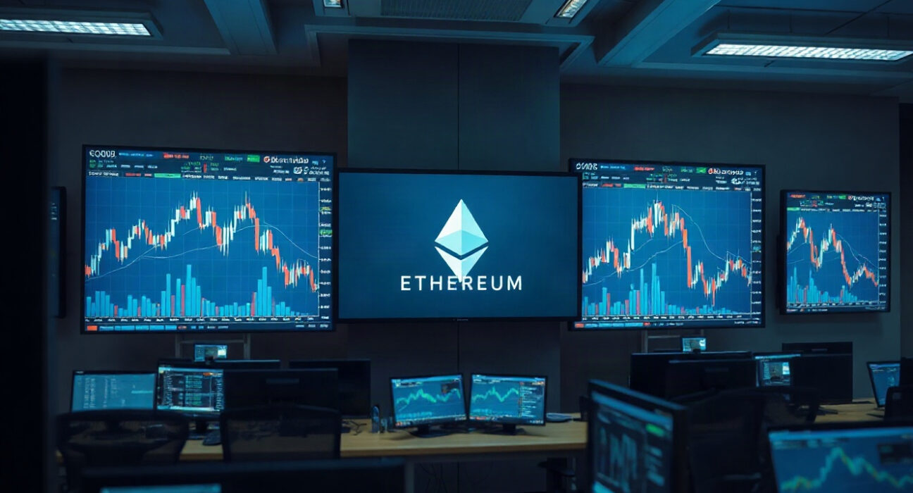 Digital screens showing Ethereum price charts on a trading floor, representing a large ETH purchase from Fidelity.
