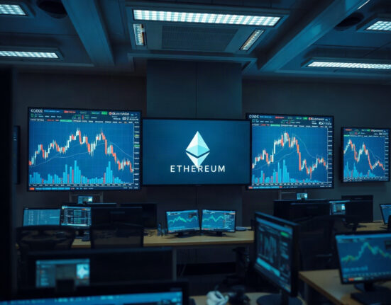 Digital screens showing Ethereum price charts on a trading floor, representing a large ETH purchase from Fidelity.
