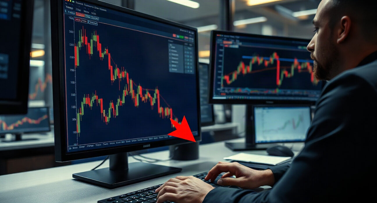 Trading desk with Bitcoin charts showing a leveraged short position