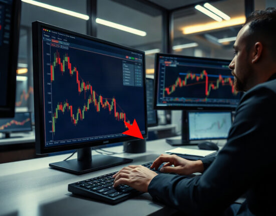 Trading desk with Bitcoin charts showing a leveraged short position