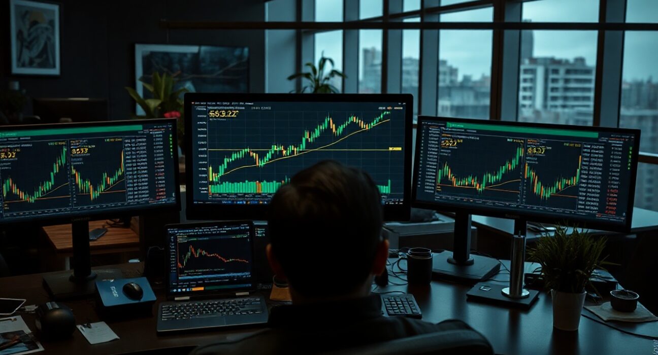 Trader monitoring Bitcoin price charts on multiple screens in a dark office, with a highlighted price level visible.