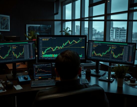 Trader monitoring Bitcoin price charts on multiple screens in a dark office, with a highlighted price level visible.