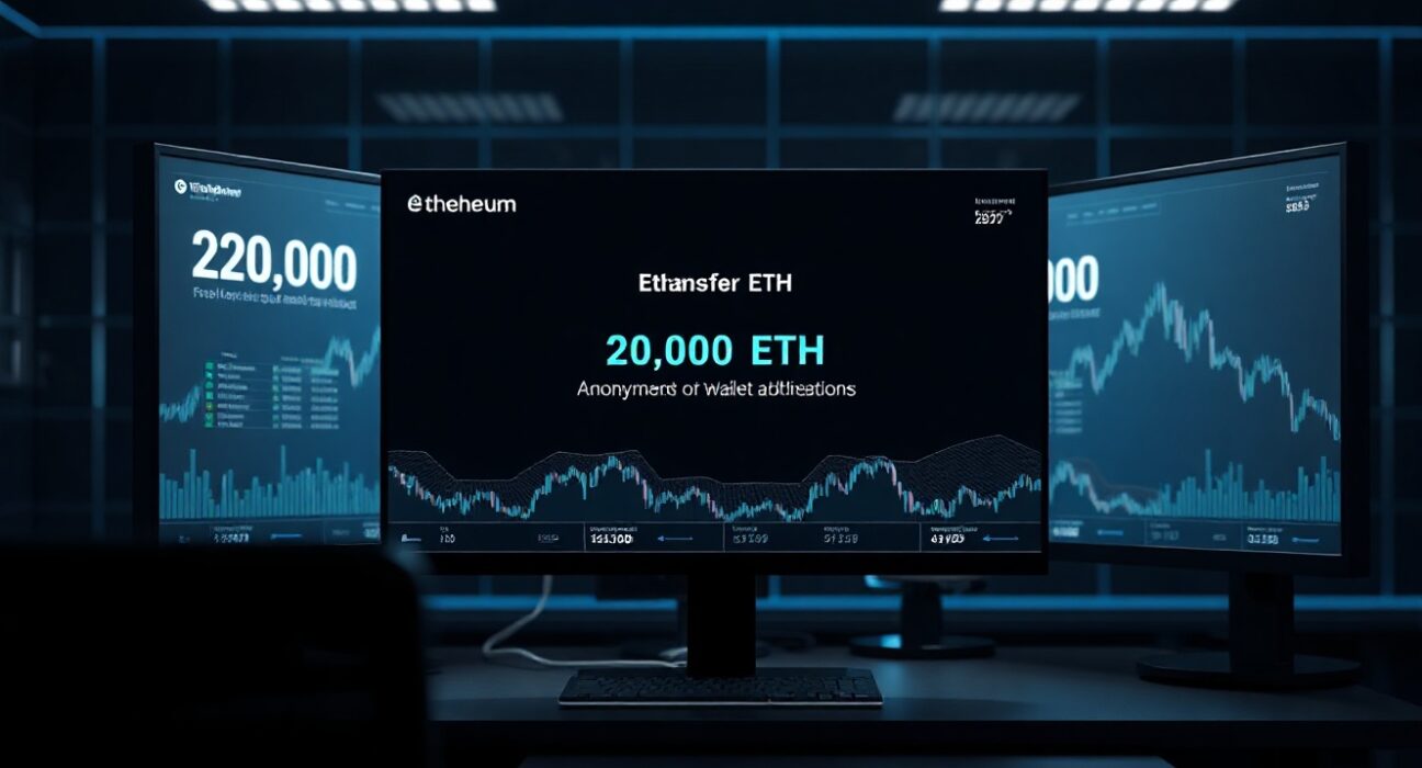 Digital screen showing a blockchain transaction of 20,000 ETH between two wallets, with network visualization.