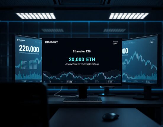 Digital screen showing a blockchain transaction of 20,000 ETH between two wallets, with network visualization.