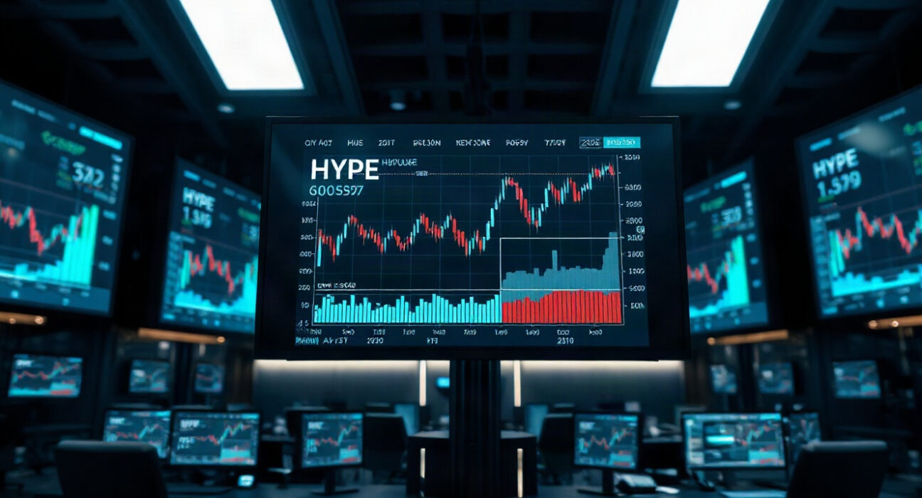 A trader monitors a HYPE price chart on a large screen in a modern crypto exchange trading floor