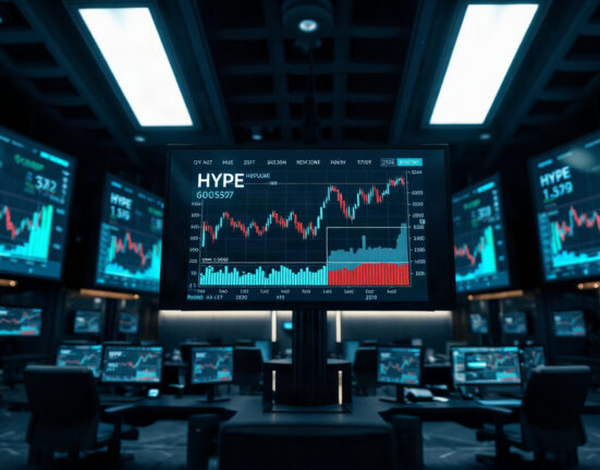 A trader monitors a HYPE price chart on a large screen in a modern crypto exchange trading floor