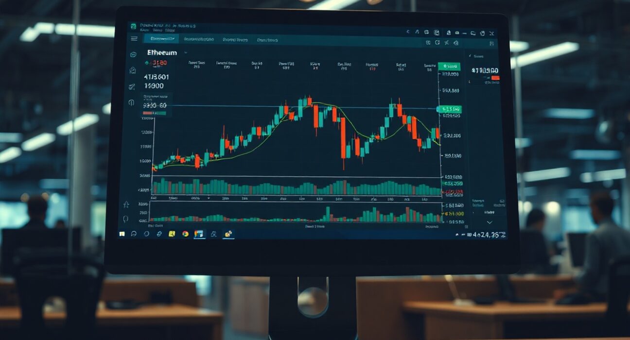Ethereum trading dashboard on a computer screen in a dark office, illustrating whale accumulation activity